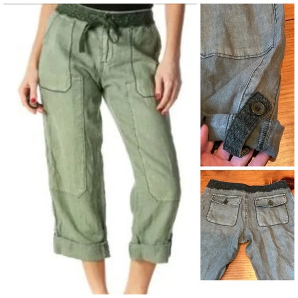 HEI HEI Petite 25P Washed Army Green Roll Cuff Crochet Pants 100% Linen Anthro - Picture 1 of 10